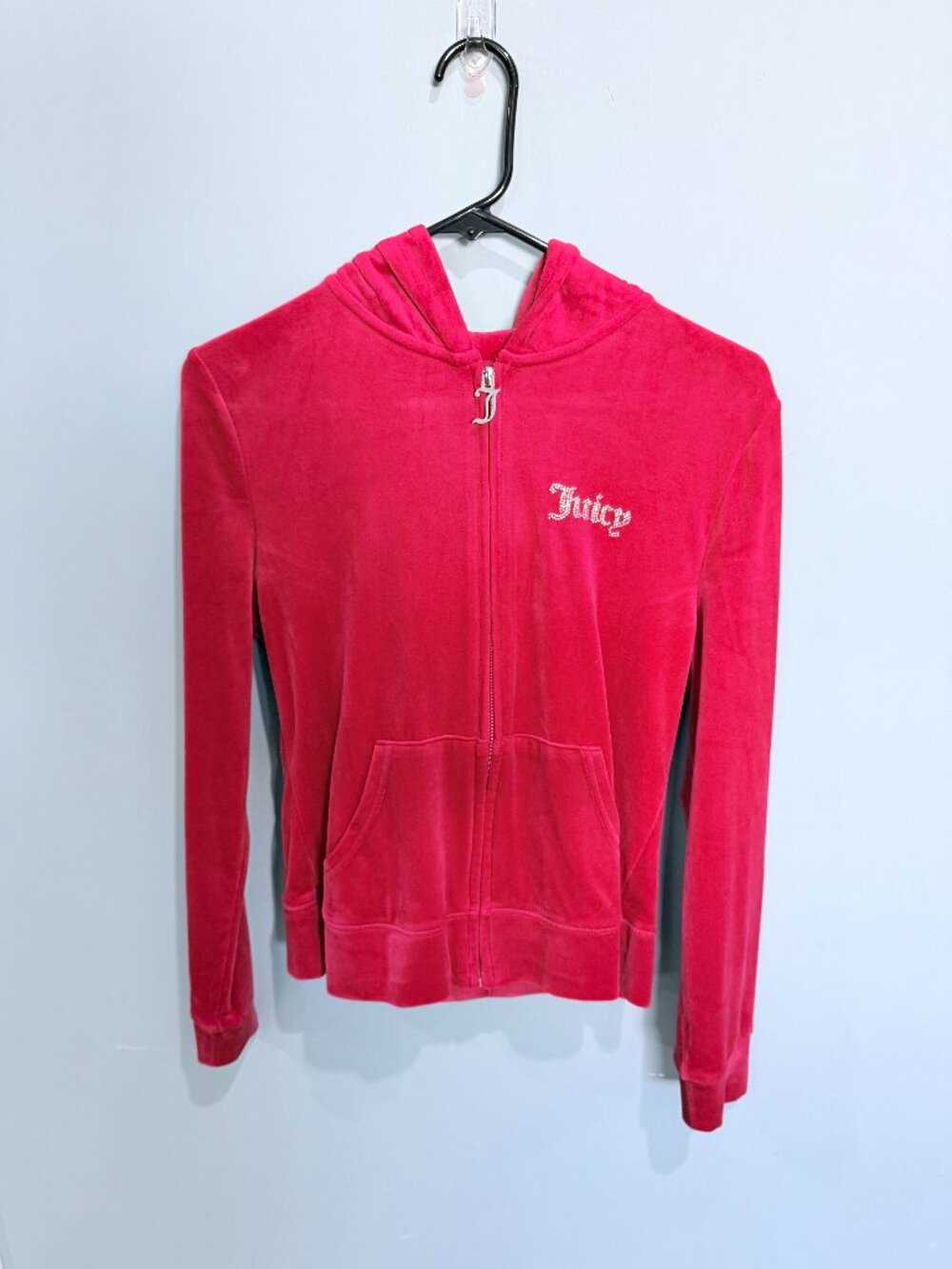 Juicy Couture Red Velour Rhinestone Logo Zip Hoodie Y2K
